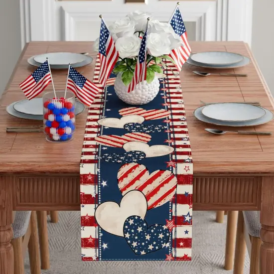 4th of July Table Runner Stripe Stars Heart Memorial Day Independence Day Patriotic America Table Decoration Home Kitchen Dining Indoor Holiday Farmhouse Decor {2}