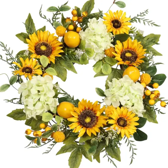 Sunflower Wreath with Hydrangeas, Lemons, Big Berry,Summer Wreath for Front Door, Unique Housewarming Gift,mother'day Gift,Farmhouse Porch Decor, Wall Decor-22IN {1}