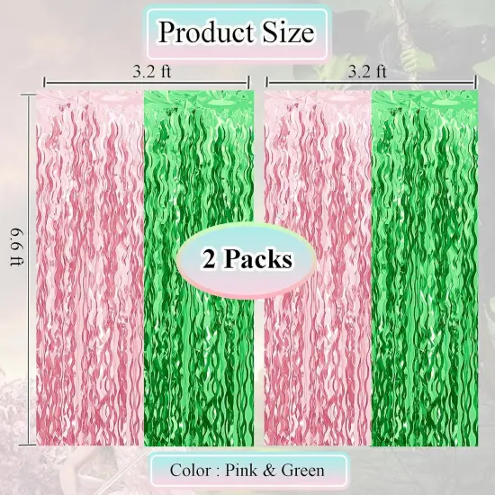 Pink and Green Wavy Tinsel Foil Fringe Curtains Photo Booth Backdrop for Green Pink Theme Birthday Party Witch Decorations(2 Pack,3.2 ft x 6.6 ft) {3}