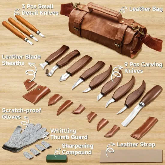 Wood Carving Kit, 17Pcs Wood Carving Tools, Professional Whittling Knife Set, Wooden Hand Knives with Sheath & Deluxe Leather Roll Bag for Beginners Adults & Starter Woodworking {5}