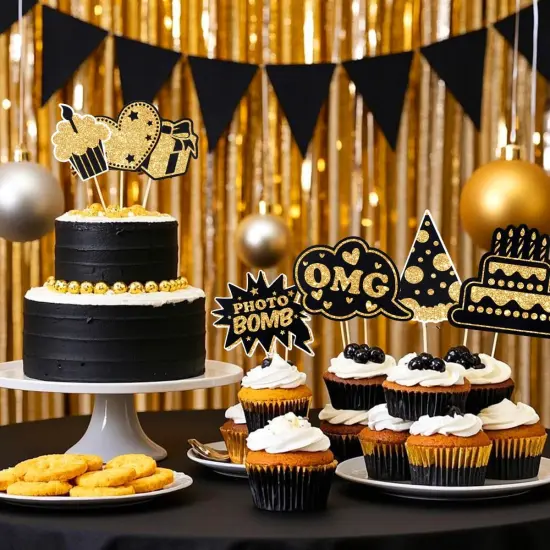 30 Pieces Photo Booth Props, Gold Black Glitter Photo Booth Props for Birthday, Wedding, Graduation, Bachelorette Party, Happy New Year Eve Party Decorations Supplies {3}