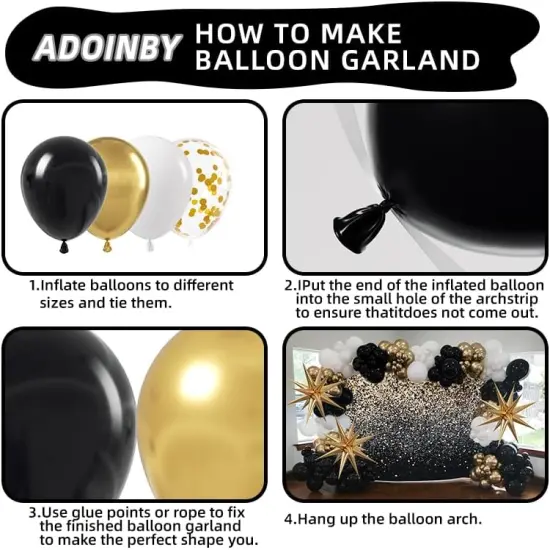 Black and Gold Balloon Garland Arch Kit, 185Pcs Explosion Star Black White Metallic Gold Confetti Latex Balloons for Birthday Anniversary Wedding Engagements Baby Shower Party Decorations {3}