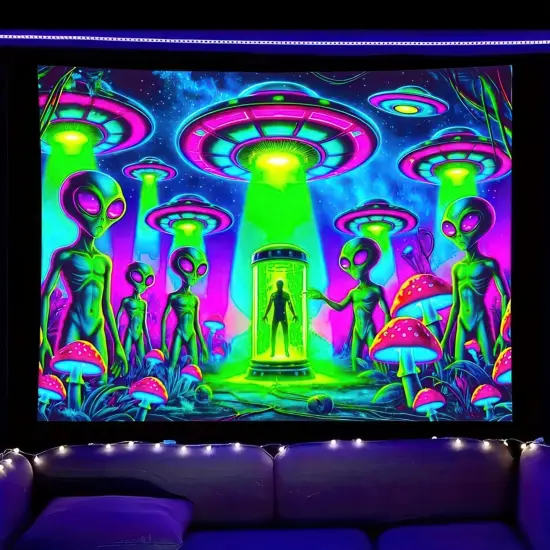 Alien Blacklight Tapestry UFO Black Light Hanging Backdrop Glow in The Dark Poster Wall UV Tapestry {1}