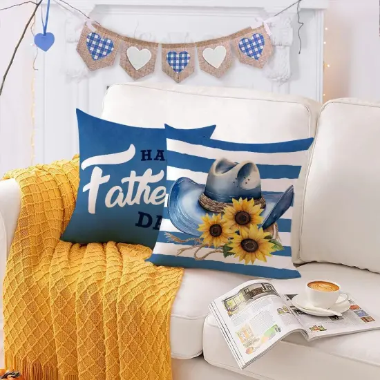 Fathers Day Pillow Covers 18x18 Set of 4 Velvet Blue Dad Throw Pillow Covers Sunflower Floral Cushion Covers Pillow Case Gift for Father Dad Birthday Home Outdoor Sofa Decoration (18) {4}