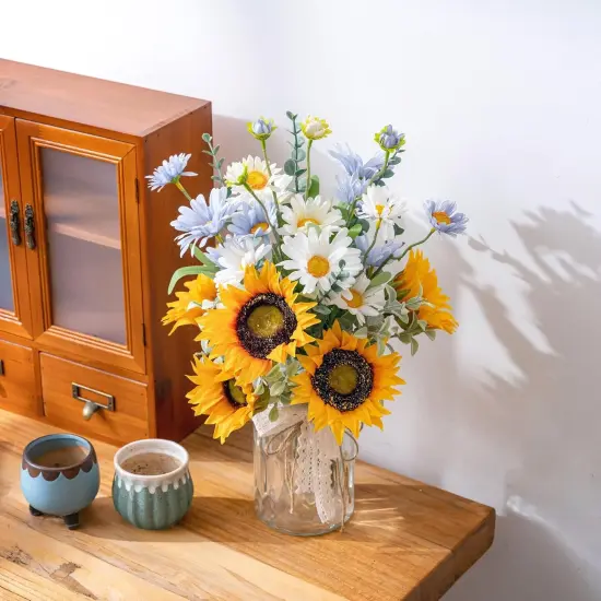 Summer Faux Flowers with Vase, Artificial Silk Sunflower in Vase Centerpiece Coffee Table Decor, Fake Plant Daisy Flower Arrangement for Fall Decorations Indoor Home Office Living Room Farmhouse {4}