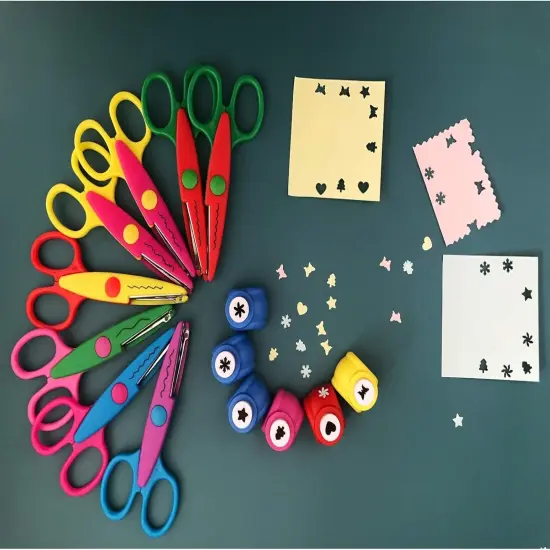 14PCS Creative Scissors & Craft Punch, 6 Different Patterns Edging Scissors + Paper Punch for Teachers Kids DIY Photo Scrapbooking Album - Colorful {2}