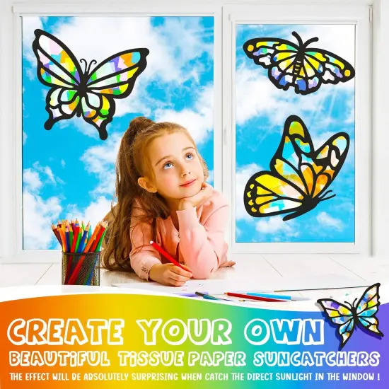9 Pieces Summer Crafts for Kids, Summer Suncatcher Kit Butterfly Suncatchers Tissue with 12 Colors Large Tissue Paper Art Craft DIY Window Art Party Favors {2}