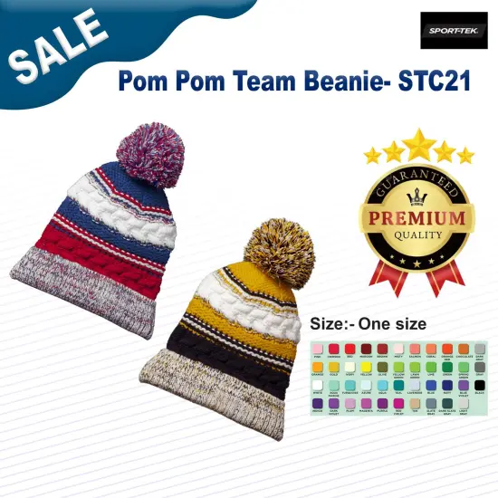 Sport-Tek&reg; Pom Pom Team Beanie For Grn/Blk/Wh {2}