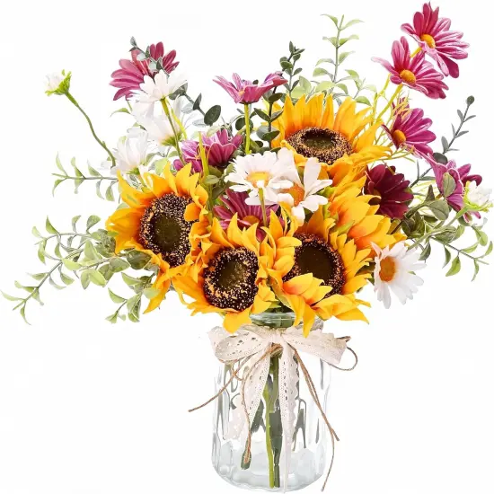 Artificial Faux Flowers in Vase for Home, Fake Flowers Arrangment with Pot, Sunflower Silk Daisy Bouquet for Fall Spring Decor Coffee Table Dinning Room Kitchen Centerpiece Table Decorations {1}