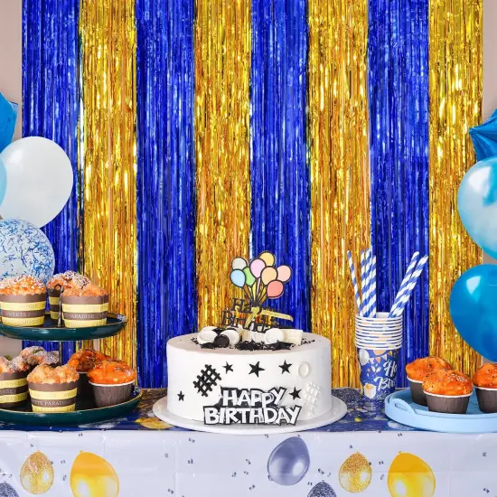 2 Pack Navy Blue and Gold Party Decorations, 3.3x6.6 ft Foil Fringe Curtains, Tinsel Backdrop, Graduation Photo Booth Prop Streamer Backdrop for Birthdays, Ramadan, Retirement, Graduations {5}