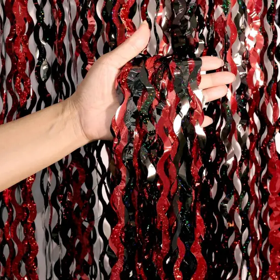 4 Pack 3.3x6.6 ft Red and Black Foil Fringe Backdrop Curtains - Wavy Tinsel Streamers Birthday Birthay Decorations, Fringe Backdrop for Graduation, Xmas, Disco Party {1}