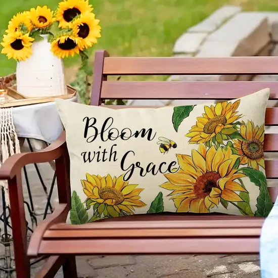 Spring Summer Sunflower Lumbar Decorative Rectangle Pillow Cover 12 x 20, Fall Autumn Flower Bee Porch Patio Outdoor Pillowcase, Bloom with Grace Floral Sofa Couch Cushion Case Home Decor {5}