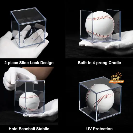 4 Pack Baseball Display Cases - UV Protected Acrylic Square Baseball Holder, Official Size Baseball Display Boxes, Clear Display Cube Baseball Memorabilia Showcase Autographed Ball Protector {4}