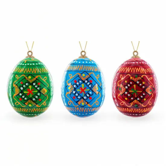 Set of 3 Vibrant Geometric Ukrainian Pysanky Wooden Easter Egg Ornaments 2.5 Inches {1}