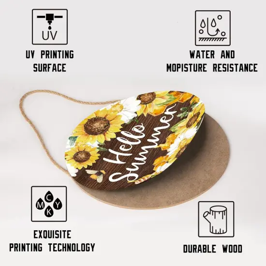 Hello Summer Sign 12 x 12 Inch Summer Themed Sunflower Welcome Sign Front Door Decor Farmhouse Porch Decoration Sunflower Round Wooden Hanging Sign for Home Garden Farmhouse Yard {3}