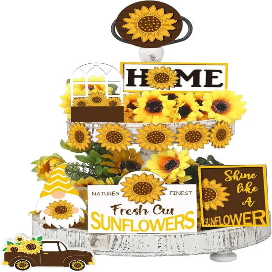 2 Pcs Sunflower Tiered Tray Decor Set Farmhouse Summer Wooden Sign Sunflower Decorations for Home Rustic Sunflower Table Decorations Summer Tiered Tray Decor for Home Kitchen Tabletop {1}