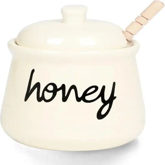 Honey Jar with Dipper and Lid, Ceramic Honey Pot 12oz, Beige {1}