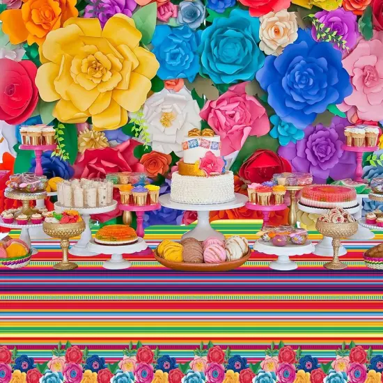 3 Pieces Different Mexican Fiesta Tablecloth Disposable Plastic Table Covers for Cinco de Mayo Mexico Theme Party Supplies Floral Stripes Rectangle Table Covers（108 x 54 Inches） {5}