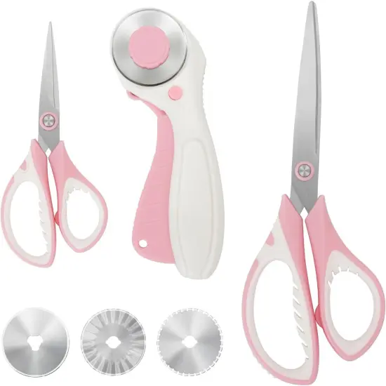 Pink Professional Sewing Scissors Set: Big Scissors, Small Scissors, Rotary Cutter with 3pcs Extra Blades for Cutting Fabric {1}