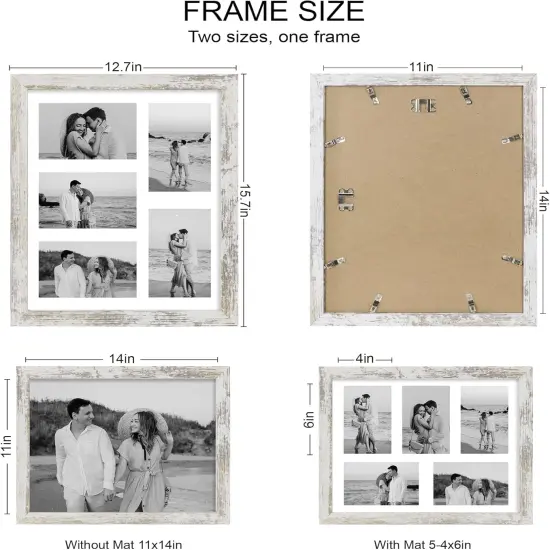 11x14 Picture Frame Set of 2, Distressed White Wood Frame with Real Glass Collage Picture Frames, Display Pictures Five 4x6 With Mat or 11 x 14 Without Mat, Photo Frames Wall Gallery {2}