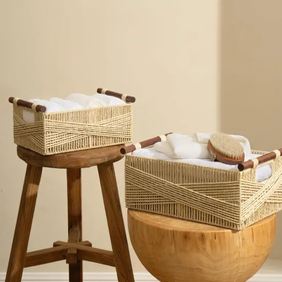 Summer Storage Baskets for Organizing, Recyclable Paper Rope Basket with Wood Handles, Decorative Hand Woven Basket Organizers for Makeup Books Shelves Living Room, Beige, Set of 2 {2}