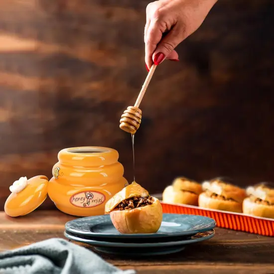Ceramic Honey Pot with Wooden Dipper - Small Bee Hive Jar Honey Storage with Lid Stir Bar (5 Oz) - Farmhouse Kitchen Decor, Tea Accessories, Dishwasher Safe Honey Dispenser Kitchen Supplies {4}