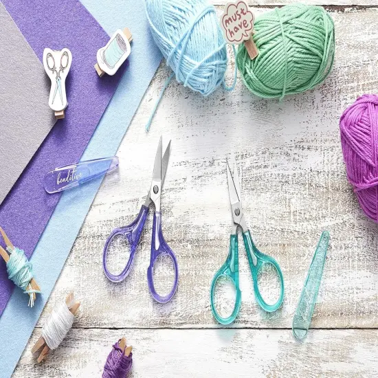 Detail Craft Scissors Set (2 Pc.) Curved and Straight, Sharp, Compact | Sewing, Embroidery, Paper Cutting, Crafting | Stainless Steel | Protective Cover (Green) {4}