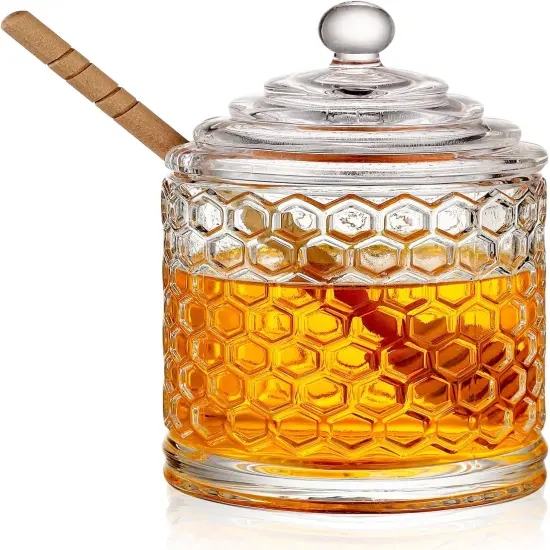9oz Honey Pot with Dipper Small Honey Jar with Dipper Cut Honey Combs Containers Clear Glass Honey Jar with Hive Shape Lid {1}