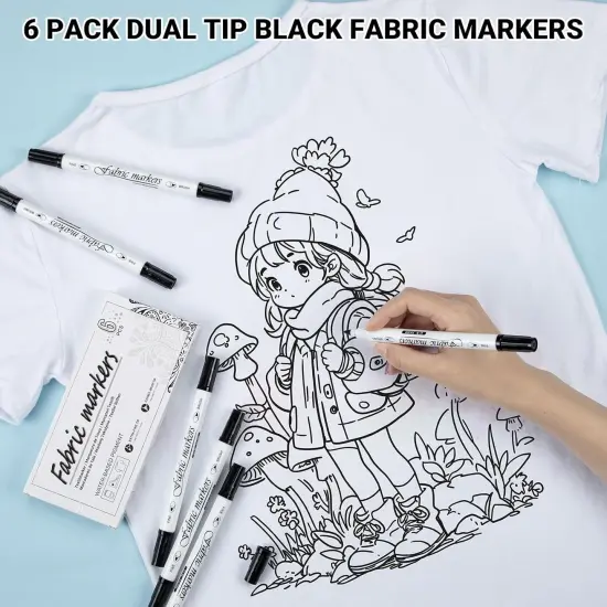 Black Fabric Markers Permanent for Clothes: Dual-Tip Fabric Marker 6 Pack, Waterproof, Non-Toxic Fabric Pen, Used to Make Gifts for Friends, Suitable for T-Shirts, Shoes, Canvas Bags, Hat, Textiles {2}