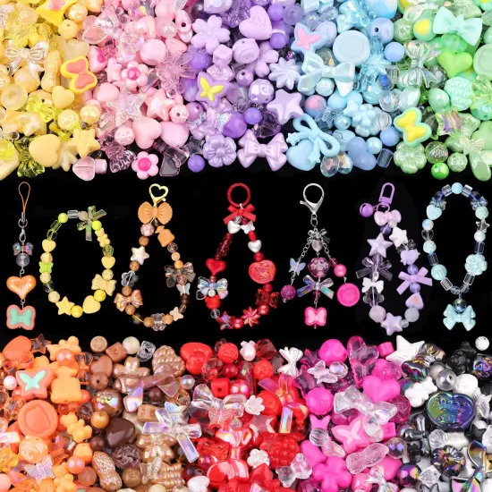 TINKRSTUFF Assorted 500PCS 10 Colors Mixed Acrylic Beads for Bracelet Making, Flower Bow Butterfly GummyBear Aesthetic Bracelet Charms,Cute Beads for Jewelry Making DIY Necklace Keychain Phone Charm {1}