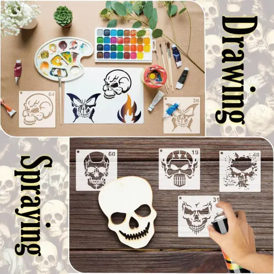 Small Stencils for Painting on Wood Reusable, 3 Inch Reusable Stencil for Craft Ornament Paint Template Stencils for Wall Card Rock Wood Signs Coasters Canvas Home Decor (Skull) {6}