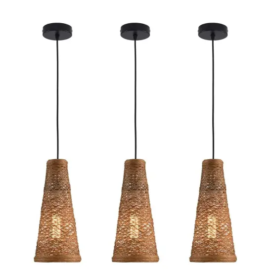 3Pcs Bamboo Wicker Rattan Shade Pendant Light Art Hanging Ceiling Lamp Fixture {1}
