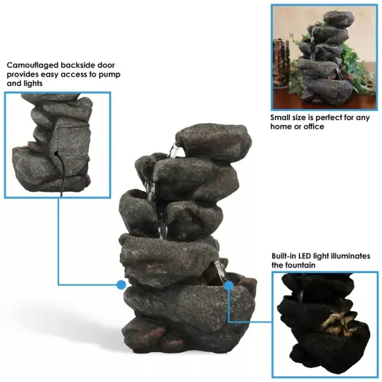 Rocky Falls Indoor Tabletop Water Fountain with LED Light - 10 in {2}