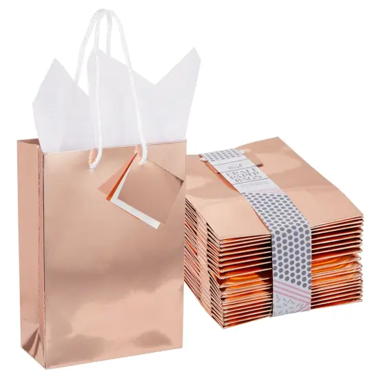 20-Pack Small Metallic Gift Bags with Handles, 5.5x2.5x7.9-Inch Paper Bags with Foil Coating, White Tissue Paper Sheets, and Tags for Small Business (Rose Gold) {1}