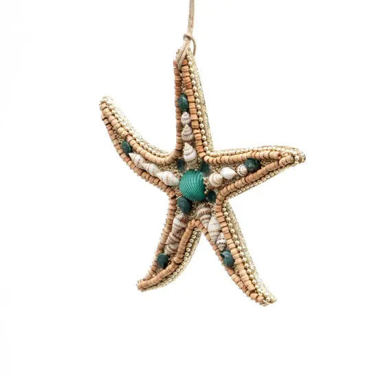 Wooden & ShellBeaded Lac Star Fish Ornament - Brown & Blue {3}