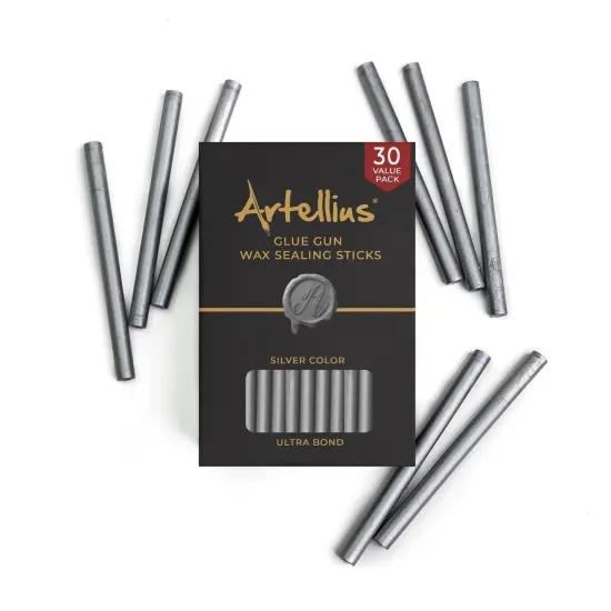 Artellius Premium Sealing Wax Sticks (Bulk 30 Pack) Wax Seal Glue Gun Sticks, Envelope Seal Wax for Stamp Seals - Perfect Wax Seal Sticks for Crafting, Invitations & Letters - Silver {7}