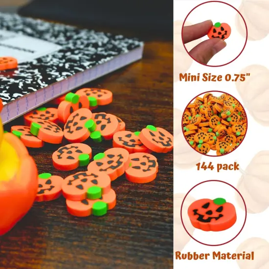 4E's Novelty Mini Pumpkin Erasers Bulk 144 pcs - Halloween Erasers for Kids, Non-Toxic Small Rubber Erasers for Classroom Rewards, School Prizes, Trick or Treat Candy Alternative, Party Favors {4}