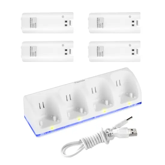 For Nintendo Wii U Quad Remote Controller Charger Charging Dock Station + 4x Rechargeable Replacement Battery Pack Accessories Bundle, White {2}