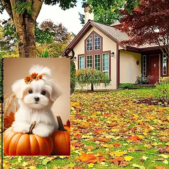12x18 Inch - Happy Fall Dog Thanksgiving Garden Yard Flag (Maltese Dog) {1}