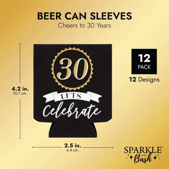 12-Pack Can Cooler Sleeves, 12 Assorted Designs Insulated Neoprene Holder Party Supplies - 30th Birthday Black {3}