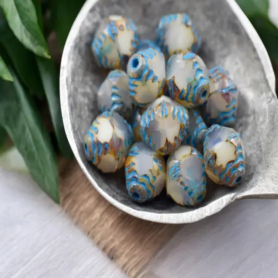 *15* 10x8mm Turquoise Washed White Opal PicassoFaceted Bicone Beads {5}