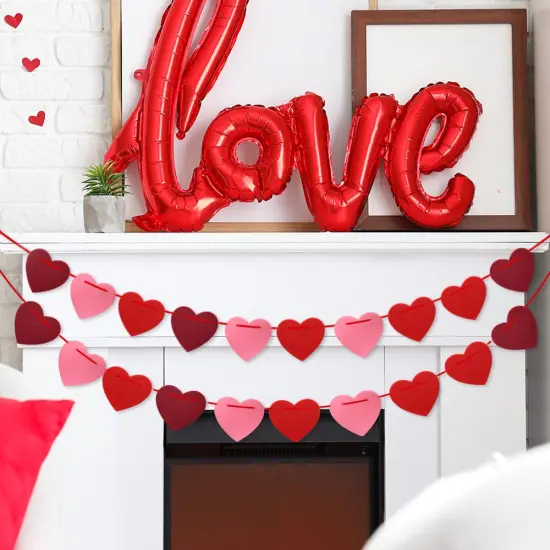 Valentines Day Decorations, Pre-Strung Felt Heart Garland for Mantle, Wall, Party Decorations, Hanging Hearts Decorations for Valentines Day Decor - 6 Strips of Valentine's Day Banner {6}