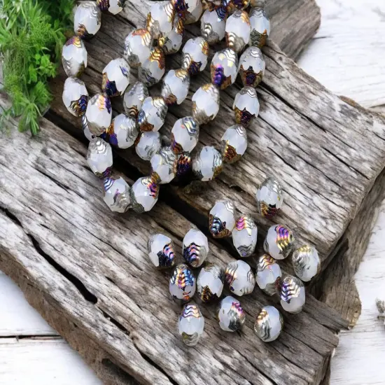 *15* 6x8mm Milky Crystal Opaline Metallic Volcano Oval Cathedral Beads {3}