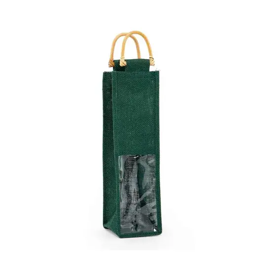 Jute Wine Bag with Wooden Handles 4" x 4" x 14" Durable {4}
