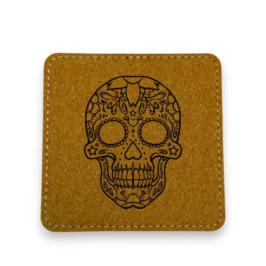 Coaster - Sugar Skull - SET OF 2 - Leather or Stitched Cork Black/Silver {4}
