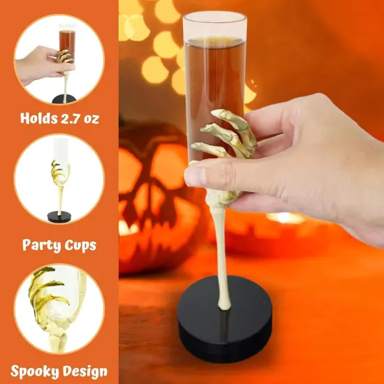 4E's Novelty Skeleton Hand Flutes 12 Pack, 2.7oz Clear Plastic Halloween Goblets, BPA-Free Skeleton Cocktail Cups, Wine & Shot Glasses for Halloween Parties, Pirate Parties, Spooky Drinkware & Party Supplies {4}
