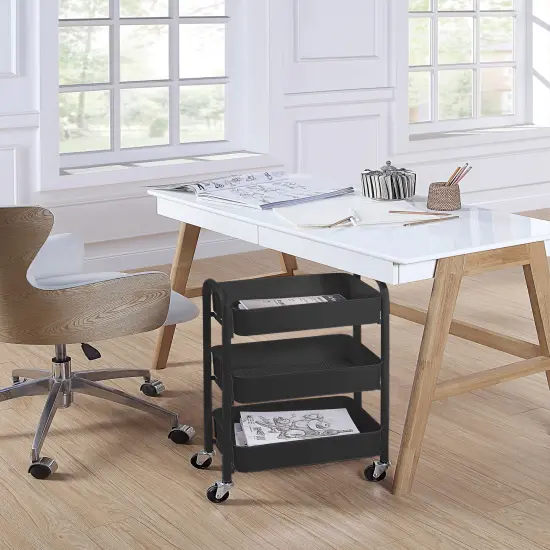 3-Tier Rolling Metal Storage Cart – Kitchen & Under Desk Organizer with Casters Black {3}