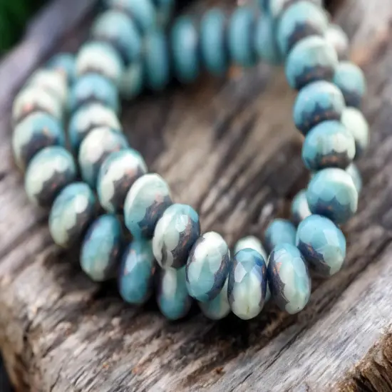 *25* 6x8mm Bronze Washed Blended Turquoise & Sea Green Fire Polished Rondelle Beads {3}