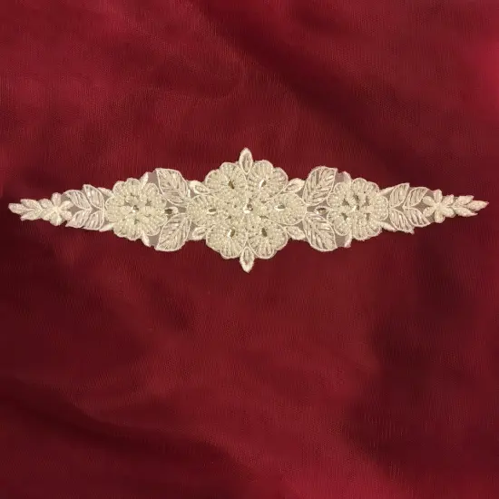 Pearl & Rhinestone Beaded Lace Applique 100% Polyester Net Mesh 12.5" x 3" Ivory {2}