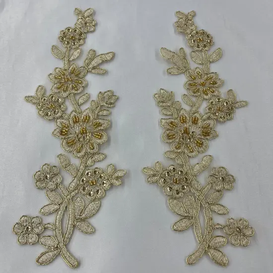 1 Pair Beaded & Corded Floral Lace Applique 10" x 2" Each Side Lt. Blue {3}